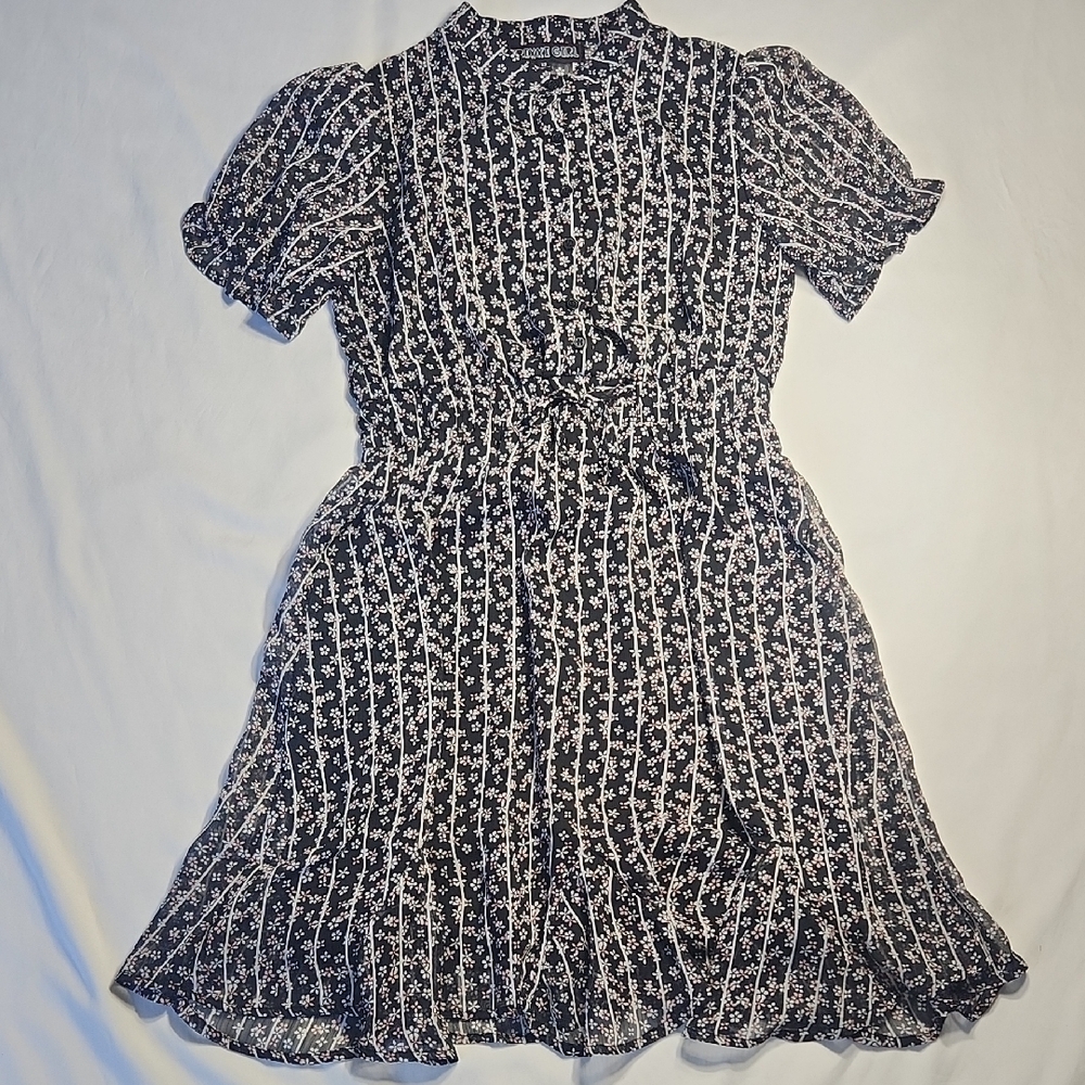 Trixxi Girls Black Floral Dress – Size 12  Sheer Overlay, Lined, Collared, EUC